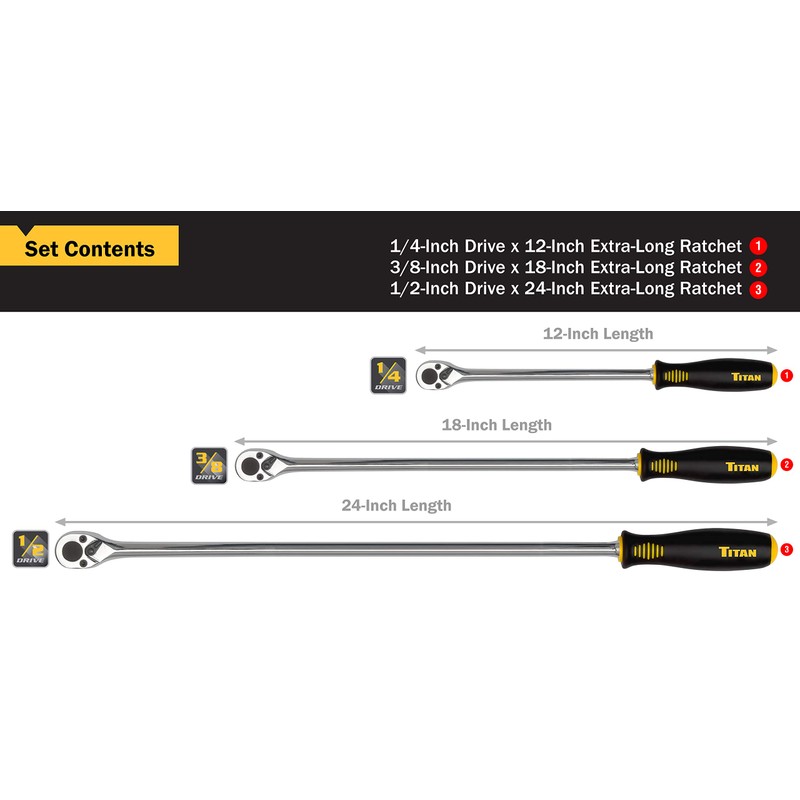 Titan 11307 3-Piece 36-Tooth Extra-Long Ratchet Set