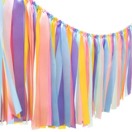 Pastel Rainbow Ribbon Tassel Garland Colorful Fabric Banner Hanging Patry Decoration Backdrop for Baby Shower, Highchair, Birthday Macron Banner Backdrop Decor 40 Inches(L) X 14 Inches(W)