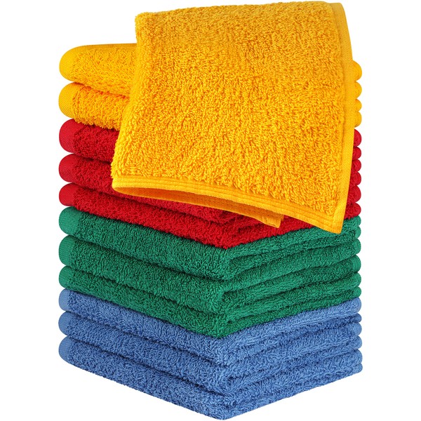 Utopia Towels 12 Pack Cotton Washcloths Set - 100% Ring Spun Cotton, Premium Quality Flannel Face Cloths, Highly Absorbent and Soft Feel Fingertip Towels (Electric Blue, Hunter Green, Red, Mustard)