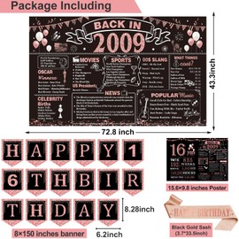 16th Birthday Decorations for Girls,24PCS 2009 Banner Decorations,Including Banner,6 Honeycomb Topper,16 Balloons,Cheers to 16 Years Banner,7 Hanging Swirl,6 Paper Poms,Anniversary Card,Sash