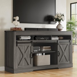 RoyalCraft TV Stand for 65+ Inch TV, Farmhouse 34'' Tall Entertainment Center for 23" Fireplace, Rustic TV Console with Sliding Bar Door for Living Room (Dark Grey)