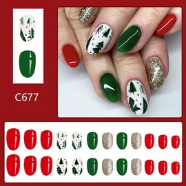 CEWEWP Christmas Press on Nails Short Oval Fake Nails Green Christmas Tree False Nails with Glitters Wave Point Designs Glossy Acrylic Round Nails Full Cover Glue on Nails for Women and Girls 24Pcs