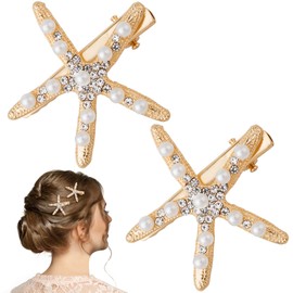 PAGOW 2 Pcs Starfish Hair Clips, Gold Rhinestone Pearls Hair Clips, Faux Pearl Crystal Sea Star Wedding Headpiece Hair Accessories For Women Bride