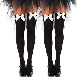 Fohevers Pack of 2 Women's Bow Thigh High Stockings Thigh High Socks High Stockings Satin Bow Opaque Over The Knee High, Black with white bows