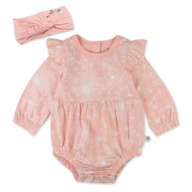 HonestBaby 2 Piece Bubble Romper & Headband Set,Girl,Sketchy Floral Dusty Pink,0-3 Months