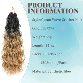 Auxemuen 8 Packs Pre Looped Ocean Wave Crochet Hair 14 Inch Boho Ocean Braids Short Curly Crochet Hair Pre Twisted Synthetic Deep Wavy Crochet Hair for Women (1B/27)