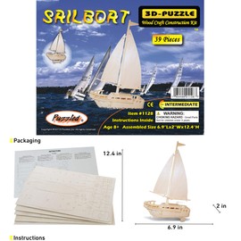 Puzzled 3D Puzzle Sailboat Wood Craft Construction Model Kit, Fun Unique & Educational DIY Wooden Toy Assemble Model Unfinished Crafting Hobby Boat Puzzle to Build & Paint for Decoration 39pcs Pack