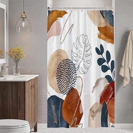 Shower Curtain, Boho Style, Uiiooazy Shower Curtain, Abstract Blue Leaves, Mid-Century Shower Curtain, Anti-Mould, Waterproof, Polyester Fabric, Washable, Opaque Bathroom Curtain with Hooks, 120 x 180