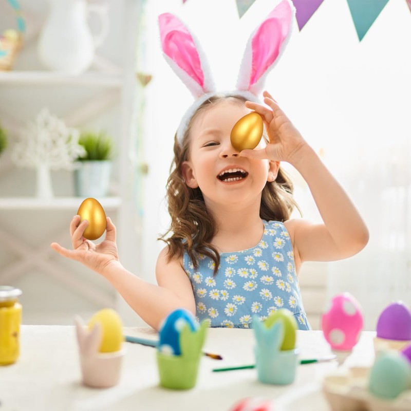 Lurrose 12pcs Easter Gold Eggs Artificial Eggs Wooden Eggs for
