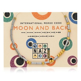 NAZ COLLECTION Morse Code Bracelets, Gifts for Women Men, Inspirational Gifts for Women Mom Wife Sister, Gold Beads, Beaded Bracelets with Adjustable String Birthday Gifts For Women Men Friends (Moon and Back)