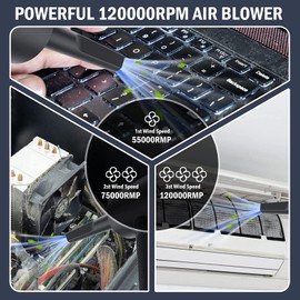 Compressed air Duster - 120000RPM 3 Speeds Electric Air Duster, 7600mAh Battery Cordless Dust Blower for Keyboard Cleaner,Rechargeable Air Blower AIC Can for Office Computers (Black, 120000RPM)