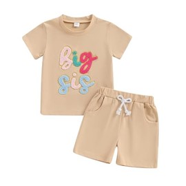 Toddler Boys Girls Big Sister Brother Little Sis Bro Matching Outfit 2PCS Shorts Set Baby T Shirt Tops and Shorts Clothes (2-3 Years, big sis 6-Beige)