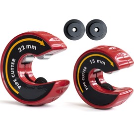 PLOWFAR Pipe Cutter 15mm and 22mm Set Copper Pipe Slice Tube Cutter Zinc Alloy Body with 2 Replacement Cutting Wheels, Red