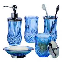 Bathroom Accessories Set,5 Pcs Blue Glass Bathroom Accessory Set,Complete Lotion Soap Dispenser,Toothbrush Holder,Soap Dish,Tumbler & Jar,Modern Bathroom Decor Sets,Gift for Home Apartment,Round