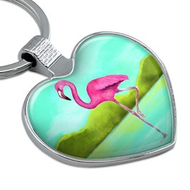 Pink Flamingo in Water Keychain Heart Love Metal Key Chain Ring