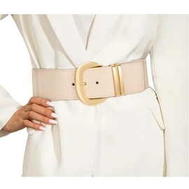 SANSTHS Women Wide Elastic Waist Belt for Dresses Fashion Gold Buckle Stretchy Leather Waistband for Ladies, Beige M