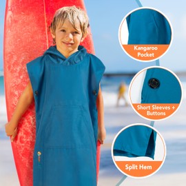 SUN CUBE Kids Towel Changing Swim Robe Surf Poncho, Quick Dry Microfiber Hooded Wearable Blanket for Boys Girls 3-7 Years, Teal Sea Blue