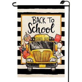 Back to School School Bus Garden Flag 12x18 Inch Double Sided Black Stripes School First Day Small Flag for Summer Fall Outside Decorations For Yard XJ57