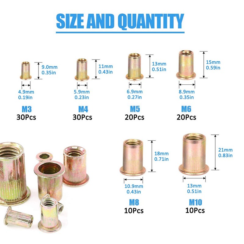BESTYCHAO Rivet Nut, 120pcs Zinc Plated Steel Flat Head Threaded