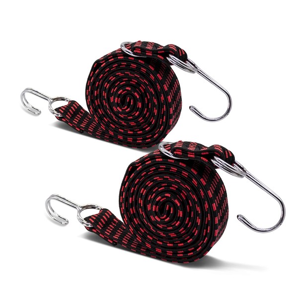 Rubber Bands, Set of 2, For Bed Use, Elastic Cord, Includes Hooks, Load Tightening Belt, With Hooks On Both Ends, For Securing Your Bed, Extendable, For Bicycles, Electric Scoopers, Motorcycles, Carrying Carts, Trucks, Prevents Loads Collapse, 6.6 ft (2 m), Red Black