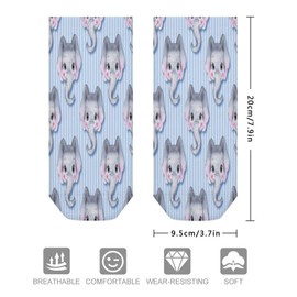 Xmkltbz 1 Pair Unisex Sock Short Socks, Compression Crew Knee High Short Athletic Soft Circulation Socks for Running Sports 8x3.7 in Print Cartoon Grey Elephant Heads Seamless On Blue Stripes