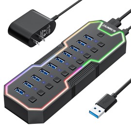 ZIUMIER Powered USB Hub, 10 Ports USB 3.0 Hub with RGB LED Strip