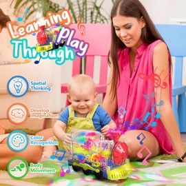 Gofimyee Light Up Train Toy for Toddlers: Transparent Gear Car Toy for Kids with Cool Light and Music Educational Crawling Toys for Baby Boys and Girls