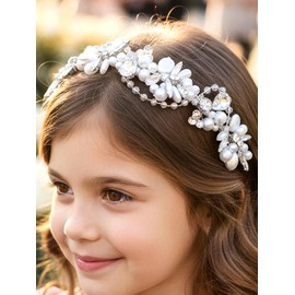 Formery Pearl Rhinestones Headband White Communion Crystal Flower Headpiece Wedding Hair Accessories for Girls