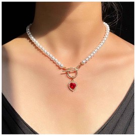 Iaceble Vintage Pearl Choker Necklace with Red Heart Ruby Rhinestone Pendant, 16 Inch Chain, Women's Fashion Jewelry