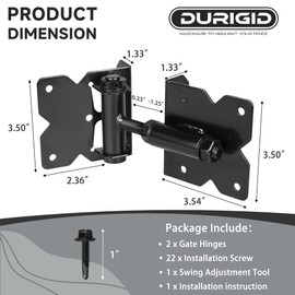 DURIGID Self Closing Gate Hinges, Gate Hinge Heavy Duty, Shed Door Hinges for Vinyl/Wood Fence/Steal Gate, Self-Tapping Screws and Adjustment Tool, Black Finish, 2 Pack