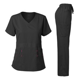 Dagacci Medical Uniform Natural Stretch Premium Women's Scrubs Set Stretch Ultra Soft Top and Pants, Black, XX-Small