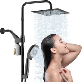 MIAOHUI High Pressure Rain Shower Head with 7 Settings Handheld Spray, Dual Shower Heads with Handheld Spray Combo, 10 Inch Luxury Rainfall Shower Head and Handle Set with Filter (Black)