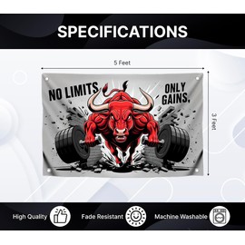3x5 Feet Red Bull Motivation Flag "No Limits, Only Gains" with Four Brass Grommets - Polyester Animals Yard Outdoor or Indoor Banner - Bull Inspirational Quoted Banner for Men and Women