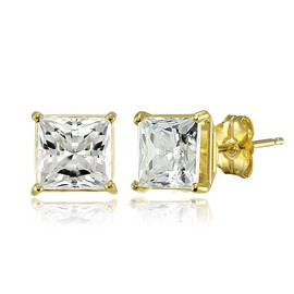 14K Yellow Gold 6mm Princess-cut Stud Earrings set with AAA Cubic Zirconia
