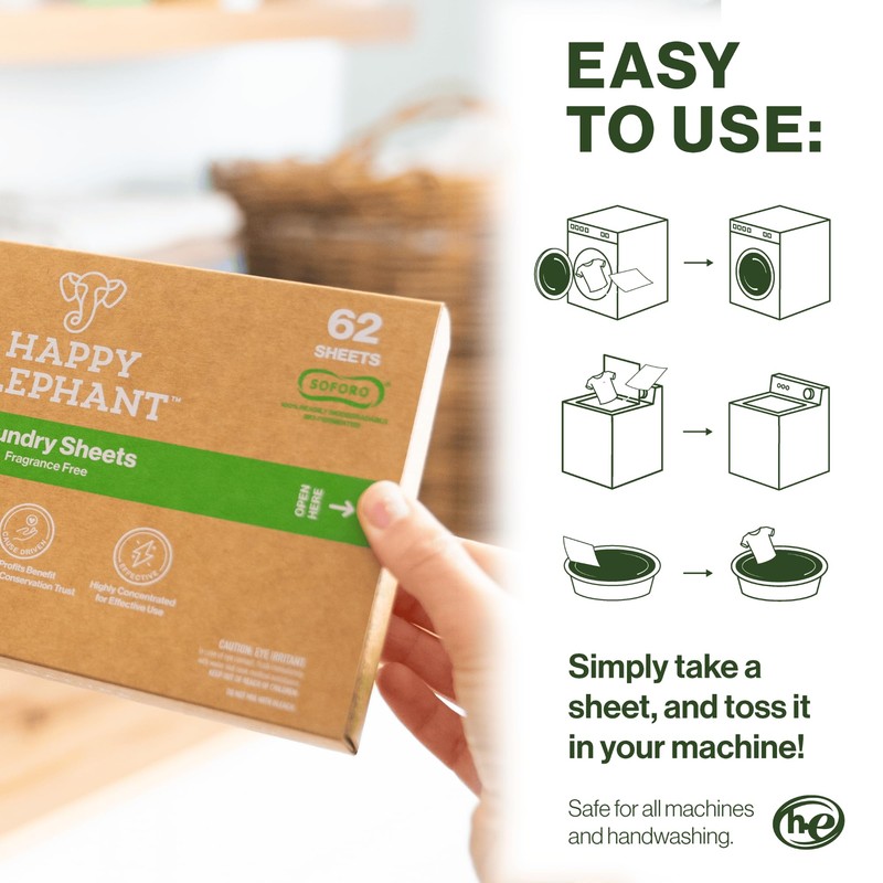 Happy Elephant Laundry Detergent Sheets, Fragrance Free, Natural Biodegradable Laundry