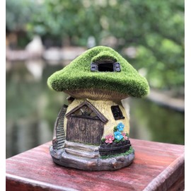 TIBLEN Solar Gnome Grass-Roof Mushroom Garden House, Outdoor Gnome House Figurine with Solar Lights, Little Garden Cottage Figurines