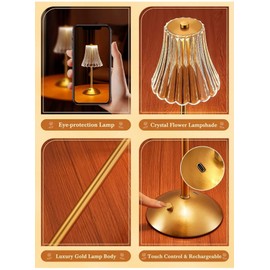 LED Crystal Table Lamp with Gold Base, Touch Control, Rechargeable Battery, 3W, 120-Hour Runtime