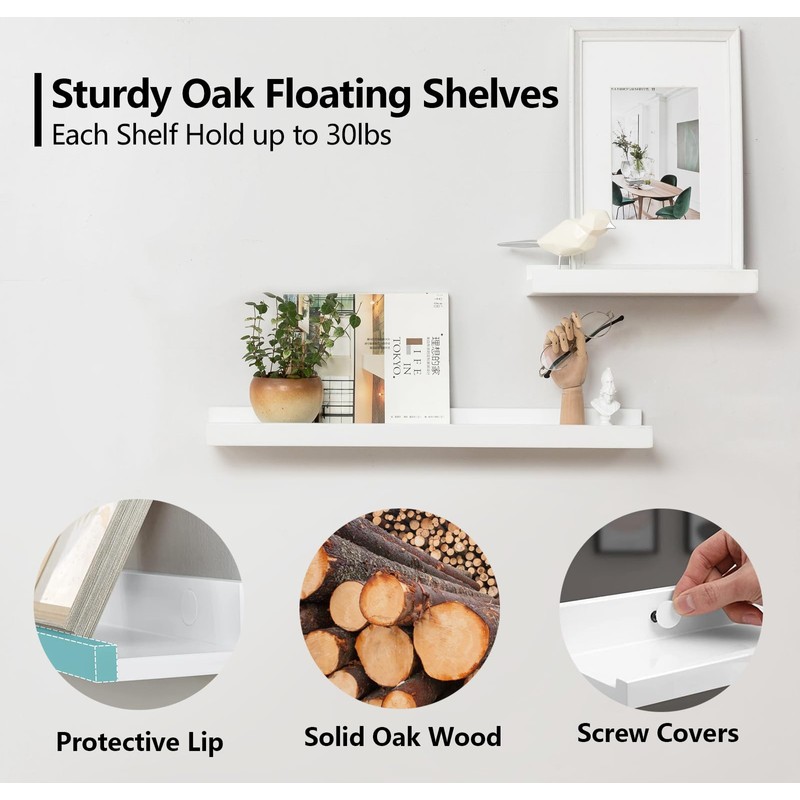 Gieanoo Wall Shelf, White, 30 cm, Picture Shelf, Solid Oak,