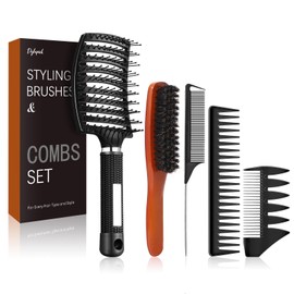 Hair Brush Set for Women/Men,Boar Bristle Hair/Beard Brush,Curved Vent Hair Brush,Wide Tooth Comb,Tail Comb,Texture Combs for Hair Styling & Beard Care