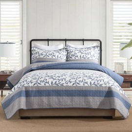 KALOOLA Botanical Quilt King Size - 100% Cotton Soft Quilted Bedding Set 3 Pieces, Farmhouse Vine Pattern Bedspread Coverlet with 2 Pillow Shams, Lightweight Comforter for All Season, Blue/Grey