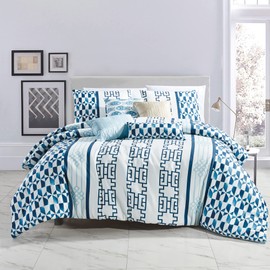 Sapphire Home Luxury 7 Piece King/Cal-King Comforter Set with Shams Cushions,Modern Jigsaw Bright White Royal Ombre Blue Artistic Various Elegant Print Design, Bed Cover Bed in Bag(22229V,Nadifa,K/CK)
