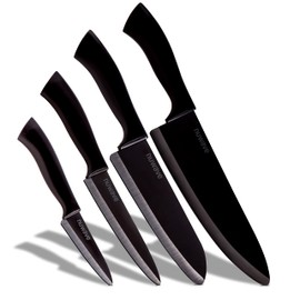 Nuwave 4-Piece Black Ceramic Knife Set - Includes 3' Paring, 5' Utility, 6.5' Everyday & 8' Chef's Knife, Ideal Super Sharp Kitchen Knives, Rust-Proof, Ergonomic Handles