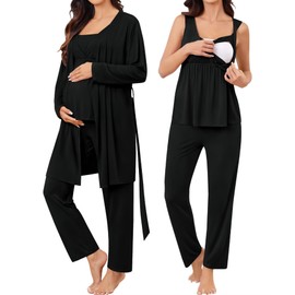 SWOMOG Women Maternity Nursing Pajamas Sets 3 Piece Breastfeeding Robe 3 in 1 Labor Delivery Sleeveless Pregnancy Pjs & Pants Black