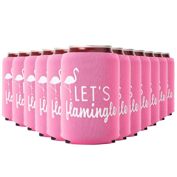 Lets Flamingle! Set of 12 Pink and White Flamingo Can Coolers Cups - Great Flamingo Party Favors Supplies for Birthday Party, Final Flamingle Bachelorette Party, and Flamingo Party Decorations
