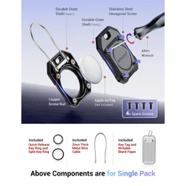 PROfezzion 1 Pack 2-in-1 Secure AirTag Holder Hard Shell Case with Key Rings, Key Tag, Metal Wire Cable, Allen Wrench and Spare Screws for Keychain, Dog Collar, Luggage Bag, Backpack & More - Red