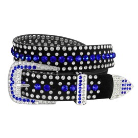 Cinturón unisex con diamantes de imitación de cristal occidental, diseño de tachuelas, cinturón de piel auténtica de 1-3/8 pulgadas o 1-1/2 pulgadas de ancho, opciones multiestilo, Cinturón de 1-3/8" de ancho - Azul oscuro, XL - 38''