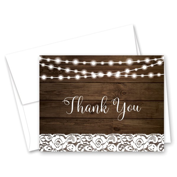 50 Lace on Rustic Wood Thank You Cards + Envelopes