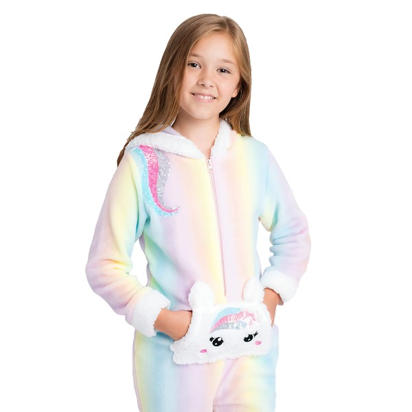 BTween Hooded Kangaroo Pocket Unicorn Onesie PJs for Girls with