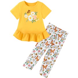 CARETOO Girls Holiday Outfits 2pcs Back to School Summer Outfits for Girls Cute Sunflower and Butterfly Pattern Ruffle Hem Yellow Short Sleeve Top and Floral Capri Pant 4-5t 4t 5t
