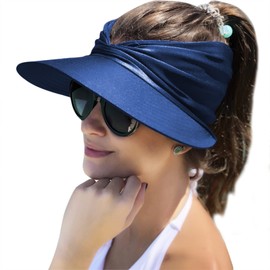 Allphv Sombrero Con Visera De Ala Ancha Para Mujer, Sombreros Para El Sol De Verano Upf 50+, Protección Uv, Sombreros De Playa, Visera De Golf Plegable Para Mujer, Gorra De Playa Con Cola De Caballo (Azul marino)